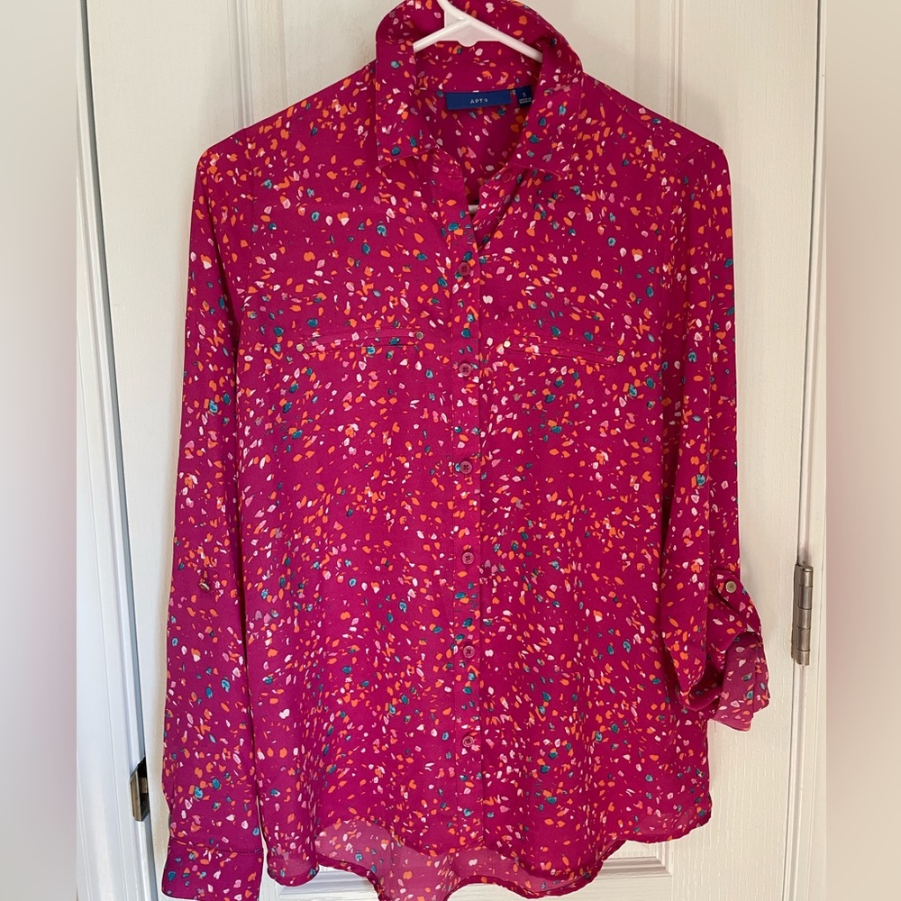 Silky Small Magenta Multi Color Button Down Blouse